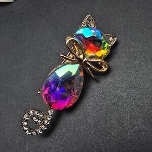 Colorful Rhinestone Cat Brooch Costume Jewelry